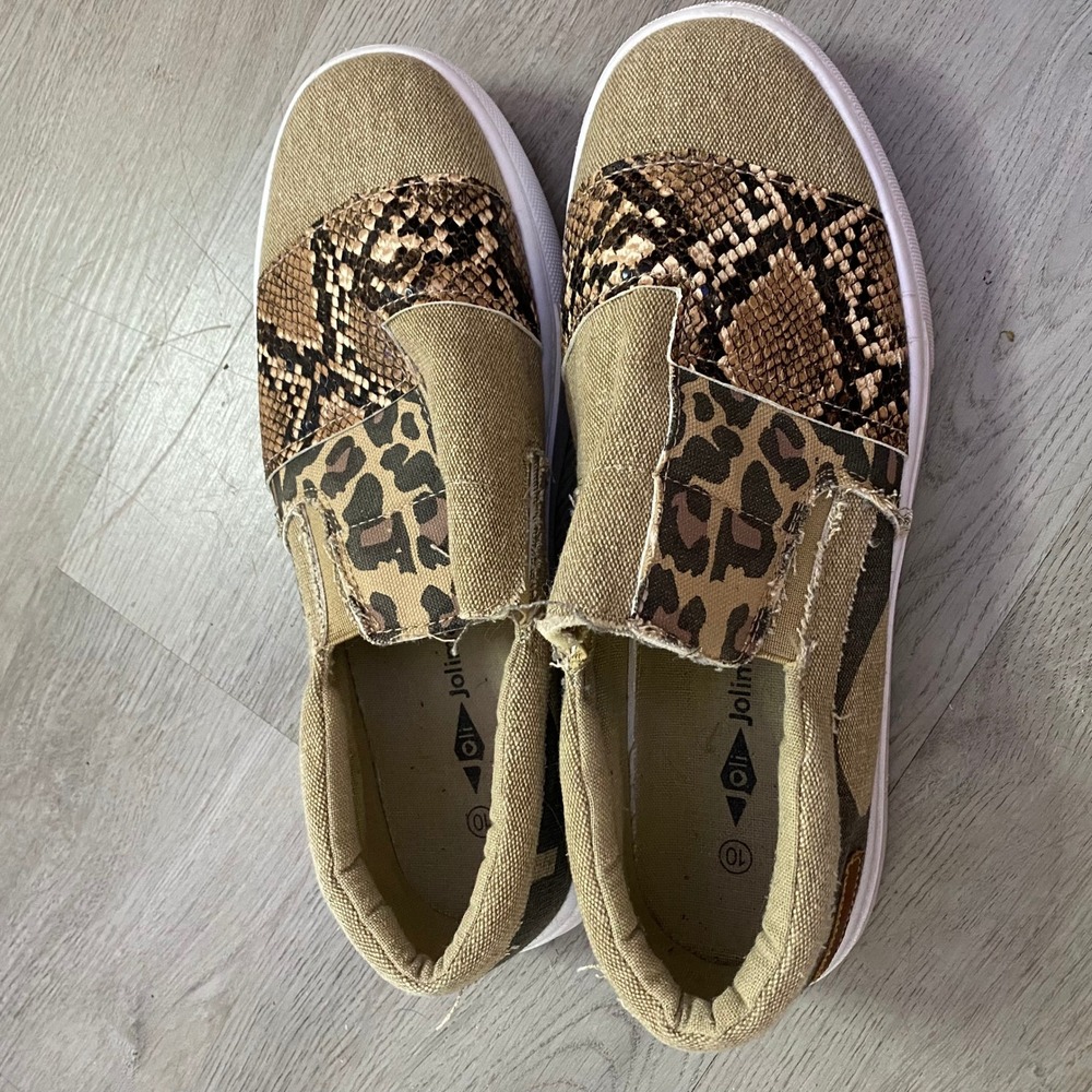 Jolimall‎ Slip On Sneakers Womens 10 Tan Mixed Animal Print Leopard Snakeskin
